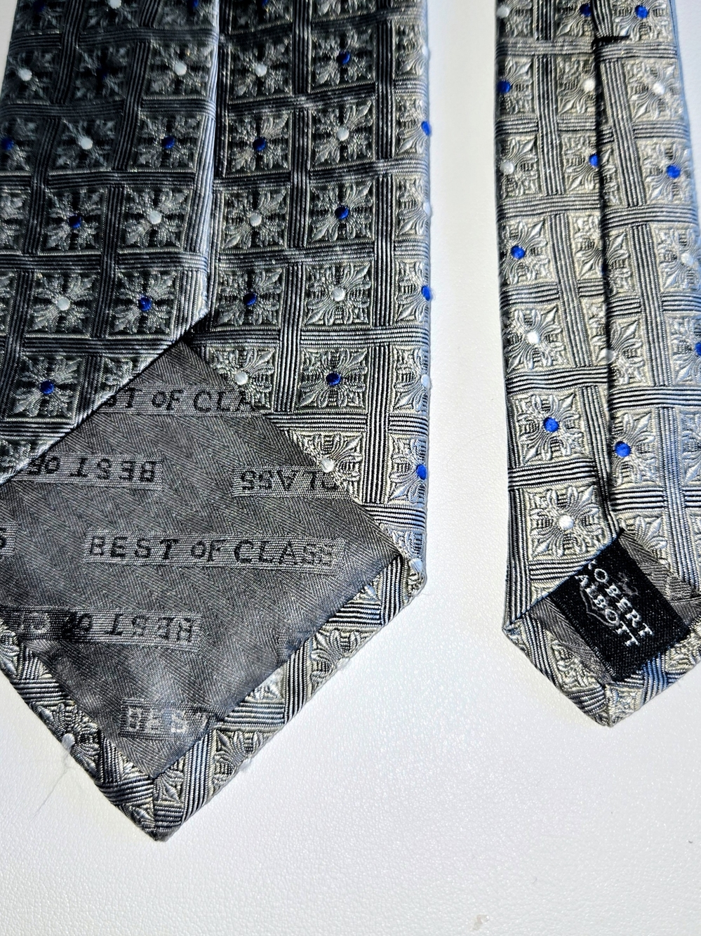 Robert Talbott's Gray Geometric Patterned White & Blue Dot 100% Silk Mens Tie - Picture 5 of 7